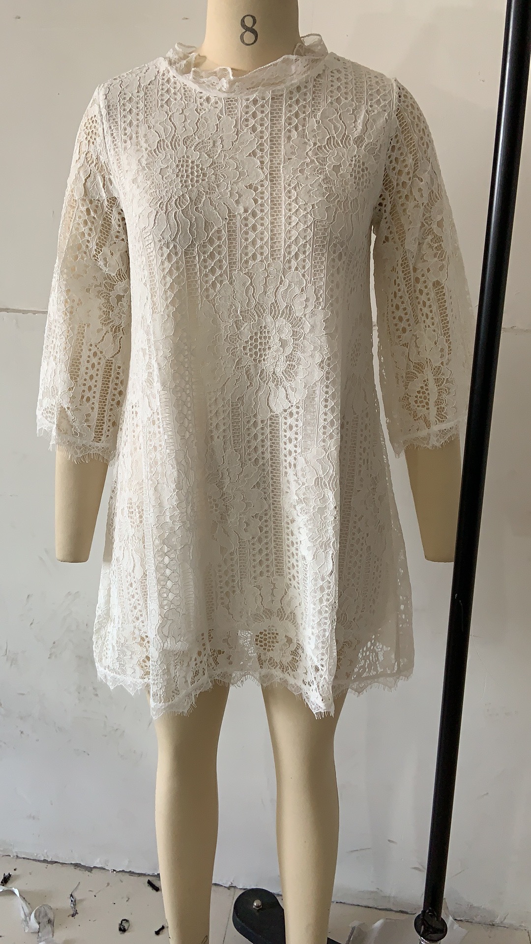 Elegant Sweet Style Women Loose Irregular Hem Plain Openwork Lace Mini Dress